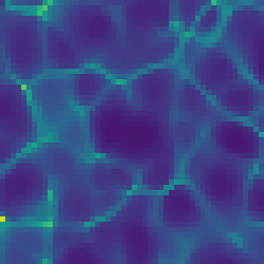 A zoomed-in section of a simulation showing a 2D slice through a few cosmic voids.